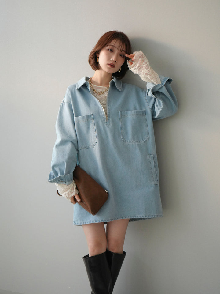 [SET]ハーフジップデニムミニワンピース+チュールレーストップス(2set)