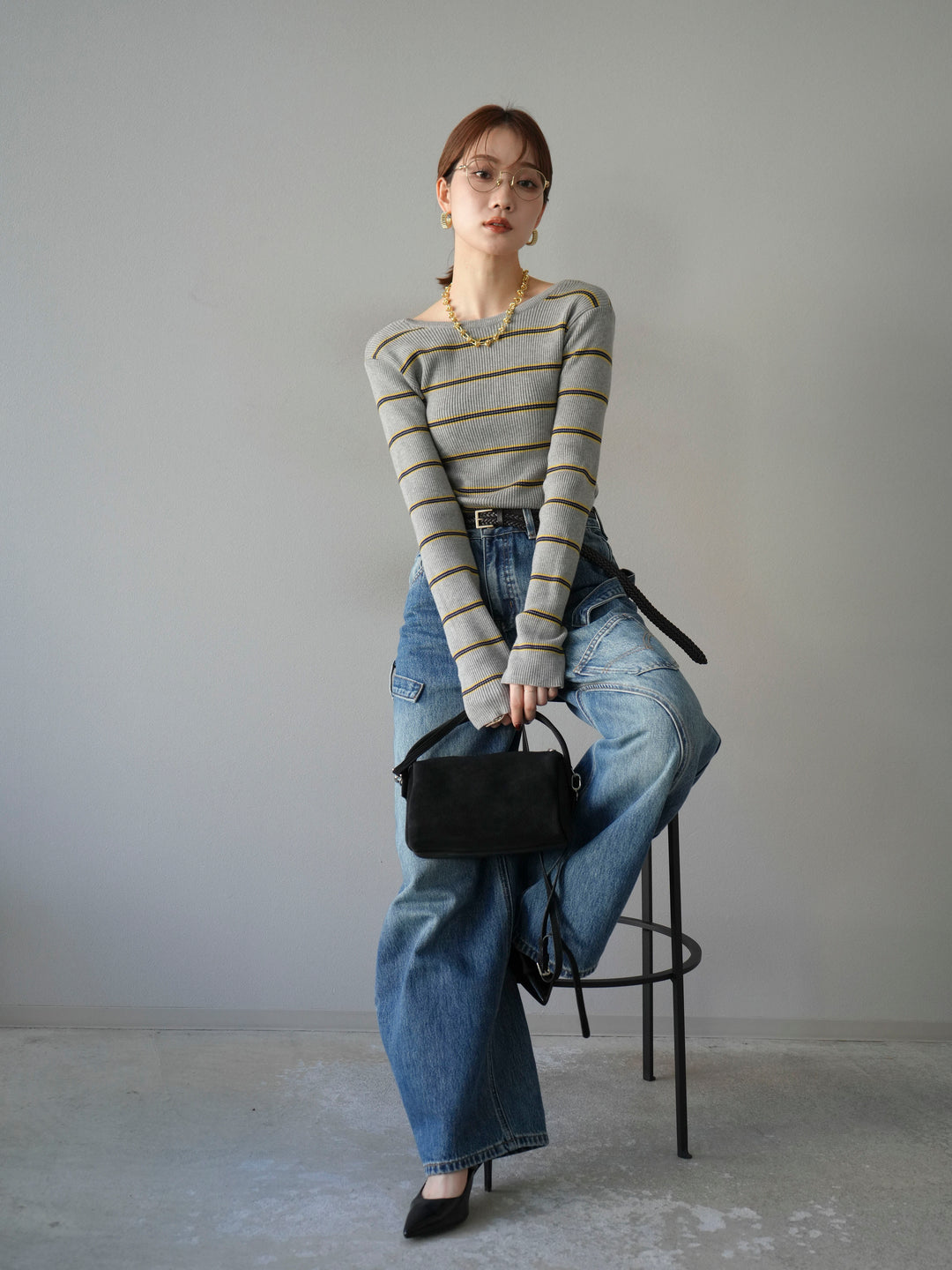 [予約]バックオープンボーダーテレコリブトップス/グレー