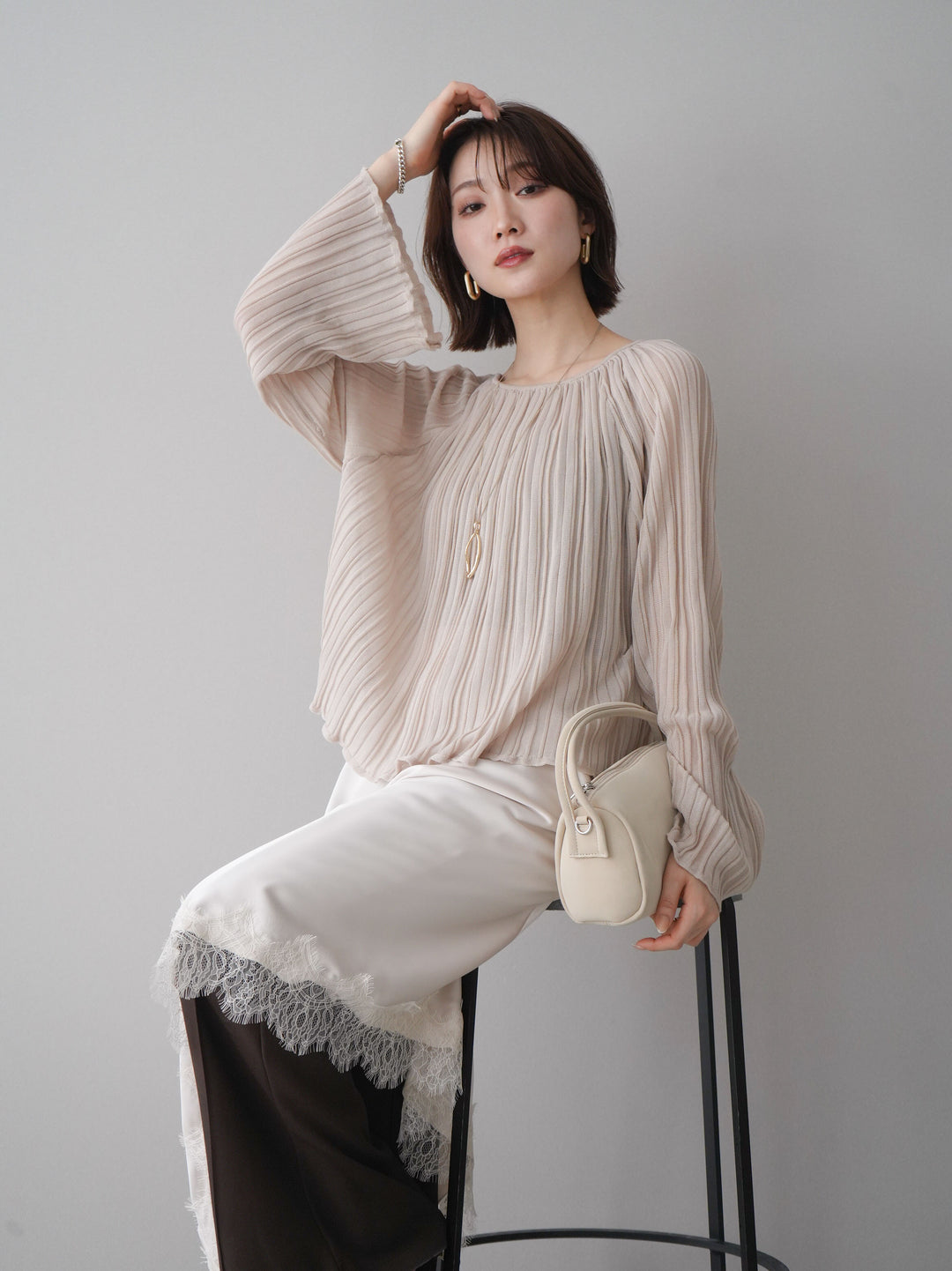[予約]プリーツシアーフレアスリーブニットトップス/beige