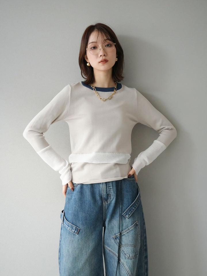 [予約]異素材配色デザインニットトップス/アイボリー