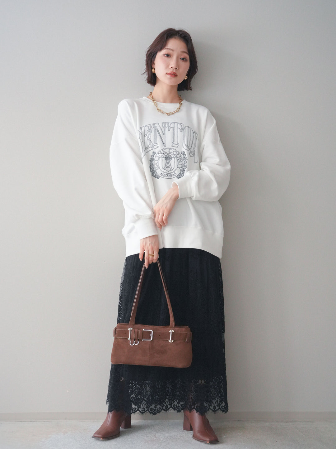 [SET]カレッジロゴ刺繍BIGスウェットプルオーバー+裏プリーツ総レースロングスカート(2set)