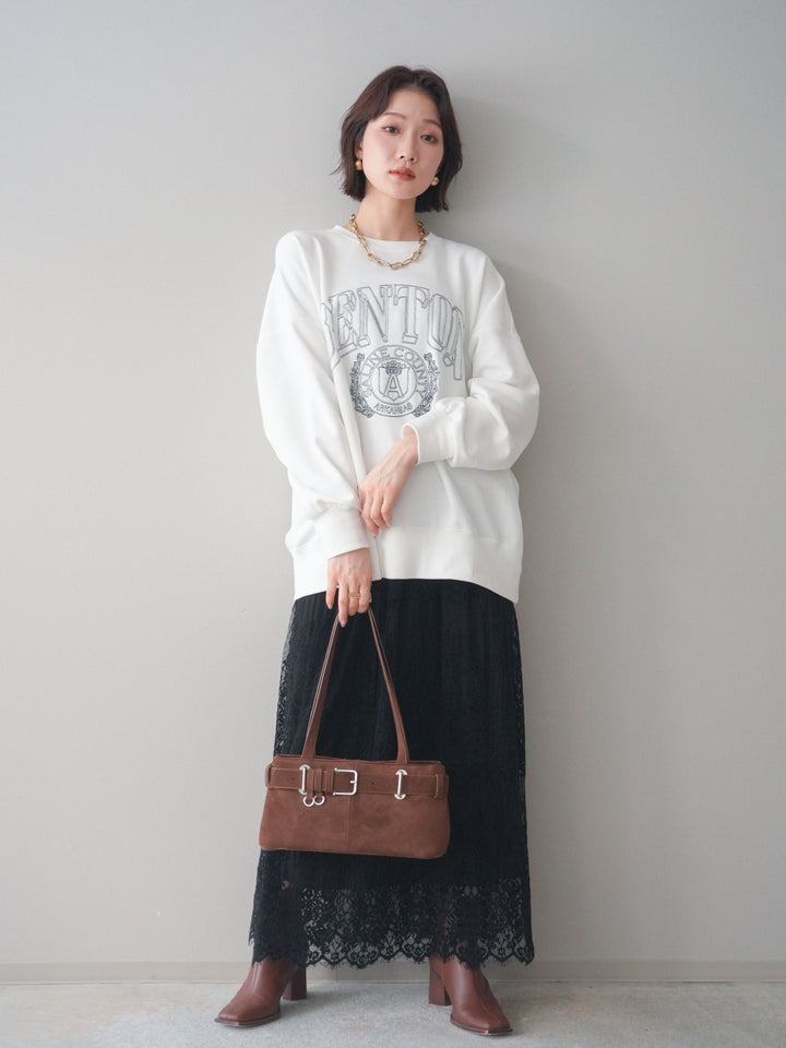 [SET]カレッジロゴ刺繍BIGスウェットプルオーバー+裏プリーツ総レースロングスカート(2set)