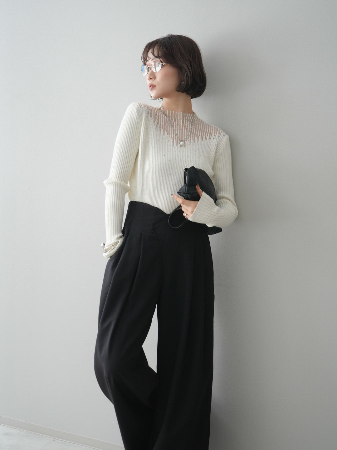 [SET]シアー切替スパンコールリブニットトップス+選べるアクセセット(2set)