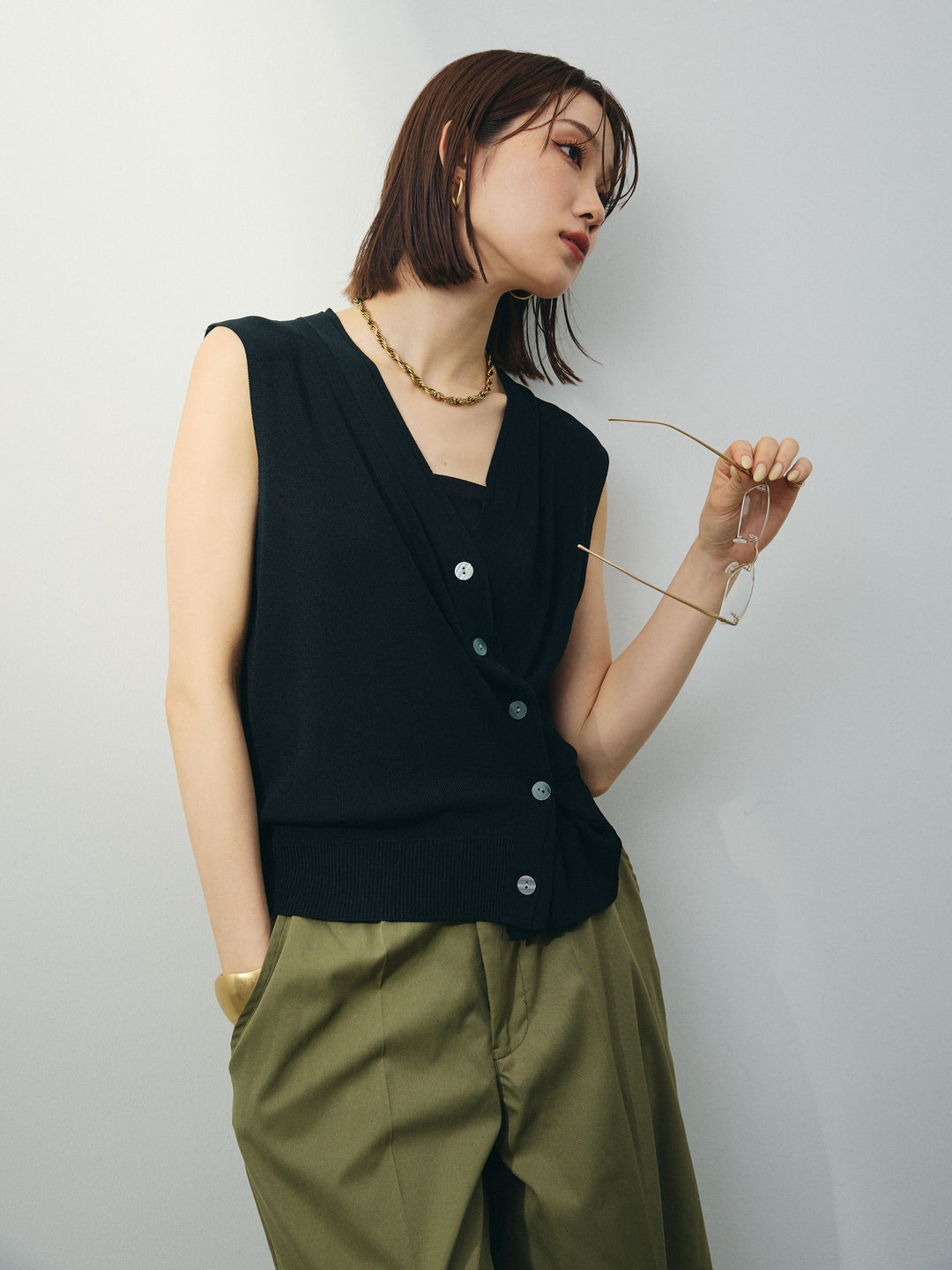 [SET]クールタッチ2WAYデザインニットベスト+コクーンワイドチノパンツ(2set)