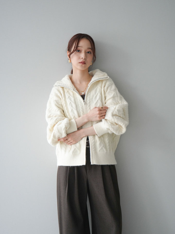 [SET]ケーブル編みハイネックZIPニットカーディガン+アニマル柄ベルト付きウールタッチワイドパンツ(2set)