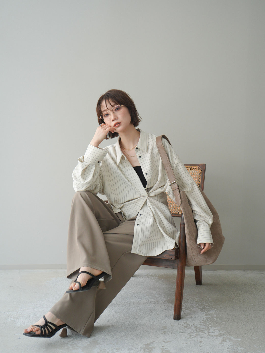 [SET]2WAYカシュクールストライプブラウス+ベルト付キーホルダーモチーフワイドパンツ(2set)