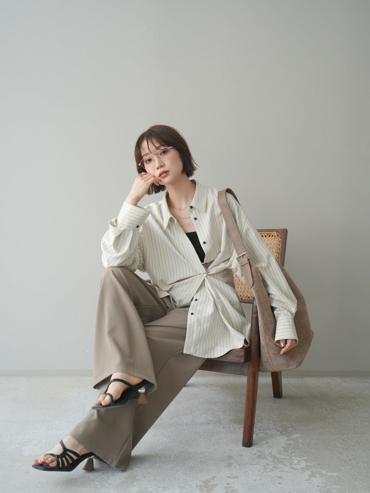 [SET]2WAYカシュクールストライプブラウス+ベルト付キーホルダーモチーフワイドパンツ(2set)