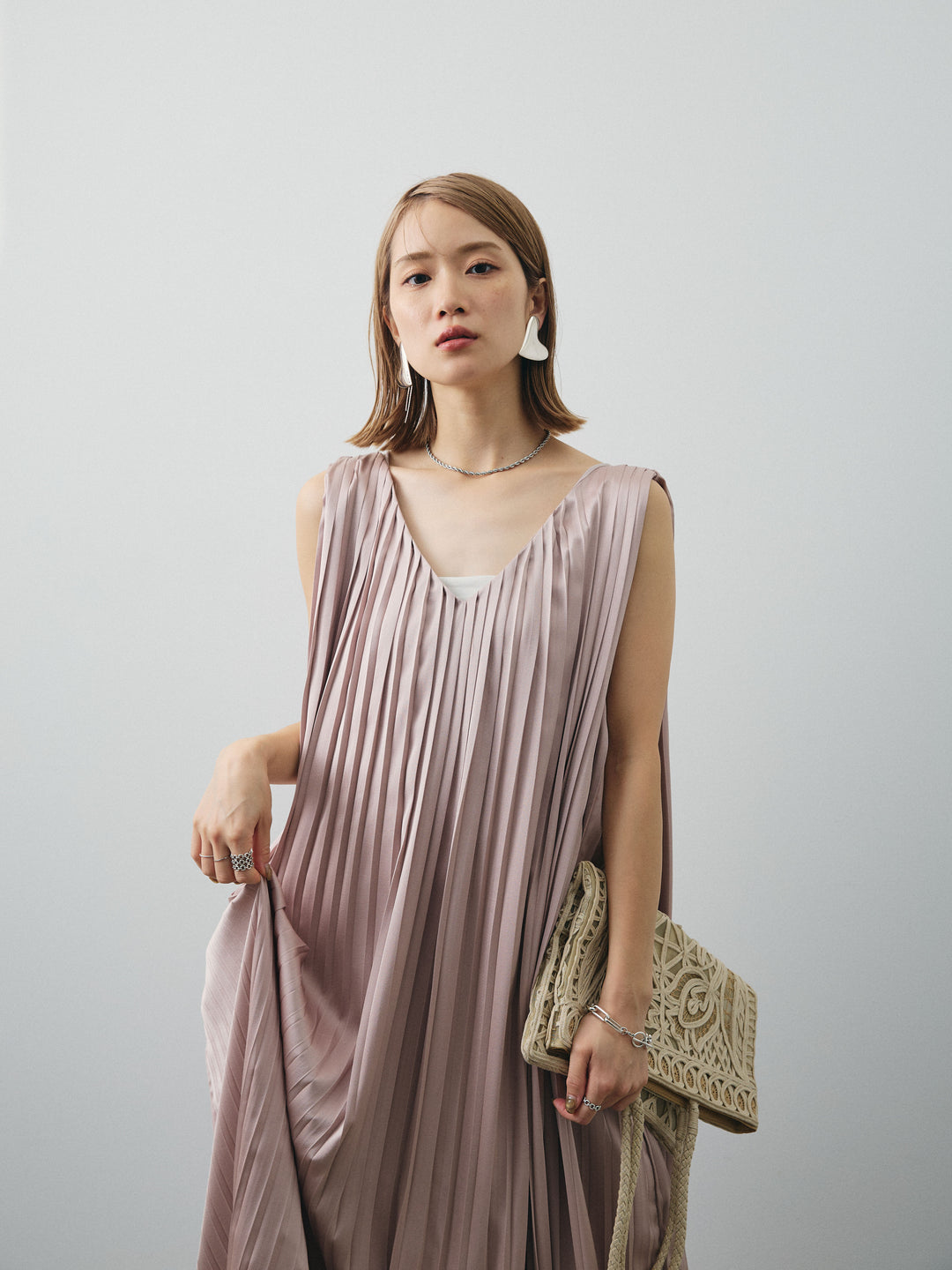 [SET] 緞面褶皺V領洋裝 + 緞面褶皺V領洋裝 (2set)