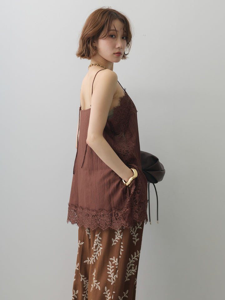 [予約]ワッシャーテクスチャーレーストリムキャミソール/brown