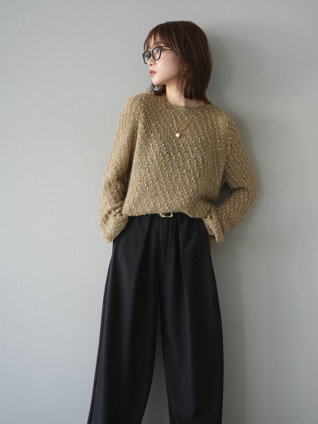 【着回しセット】[SET]求心柄クロップドニットカーディガン+異素材ミックスヤーンニットプルオーバー+ベルトループデザインワイドパンツ(3set)