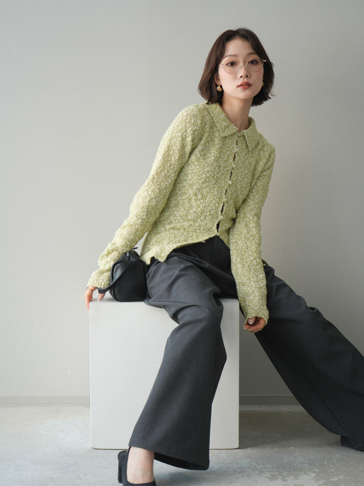 [予約]透かし編みブークレポロニットトップス/green