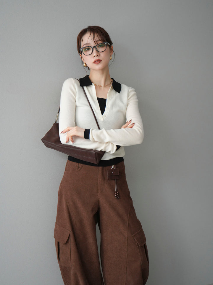 [予約]レイヤード配色ポロニットトップス/beige