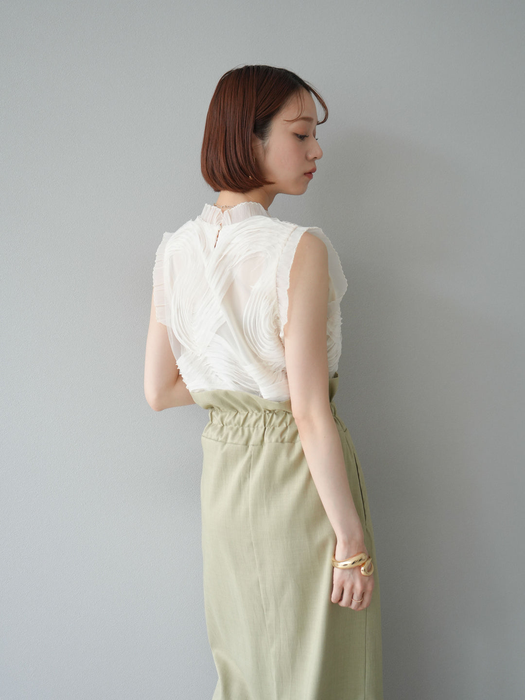 [SET]チュールジャガードノースリブラウス+ヘザーエステルギャザージップスカート(2set)