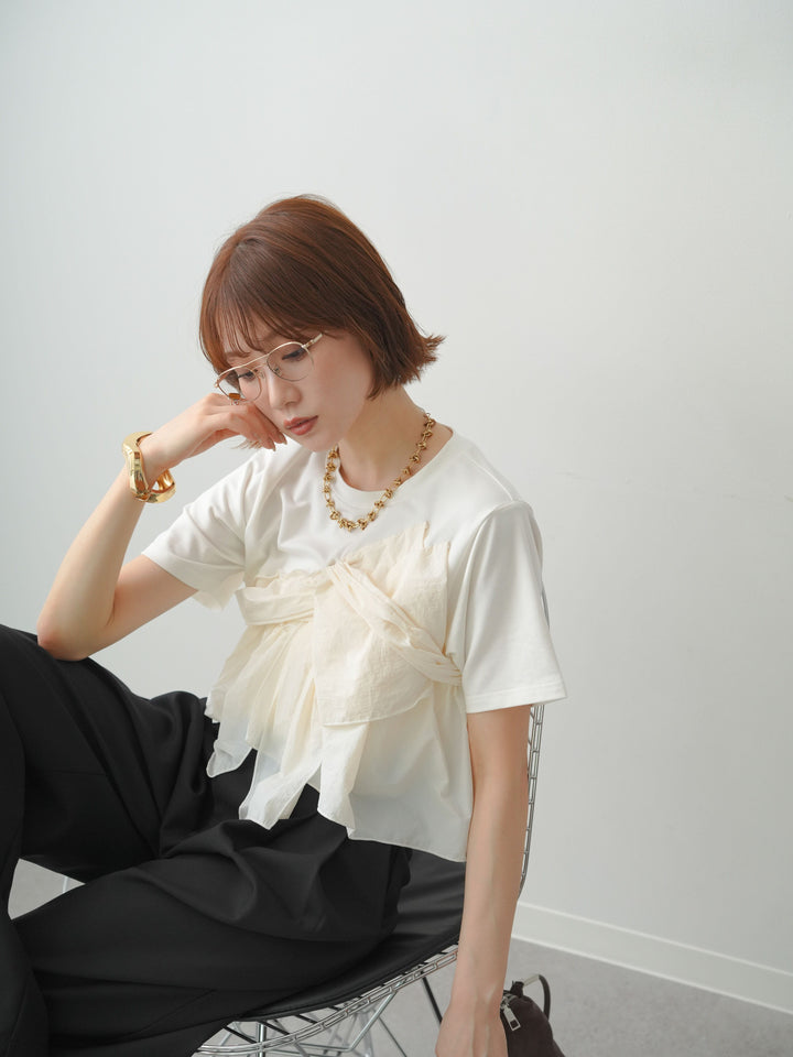 [SET]ナイロンドッキングツイストTEE +アシンメトリーベルトタックワイドパンツ(2set)