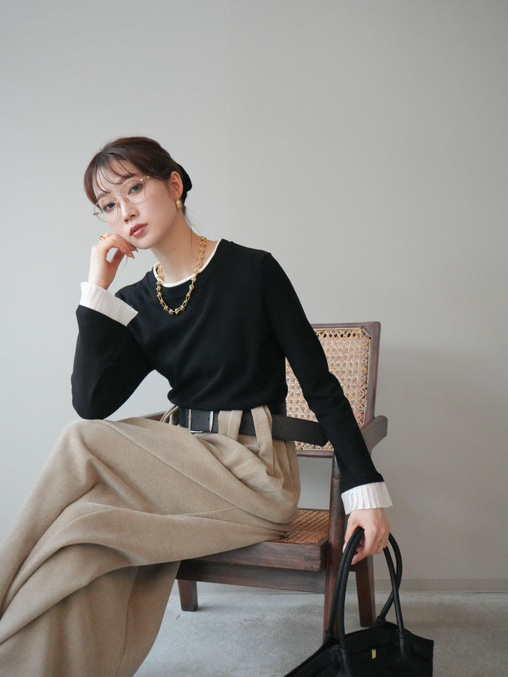 [予約]袖プリーツ配色レイヤードトップス/black