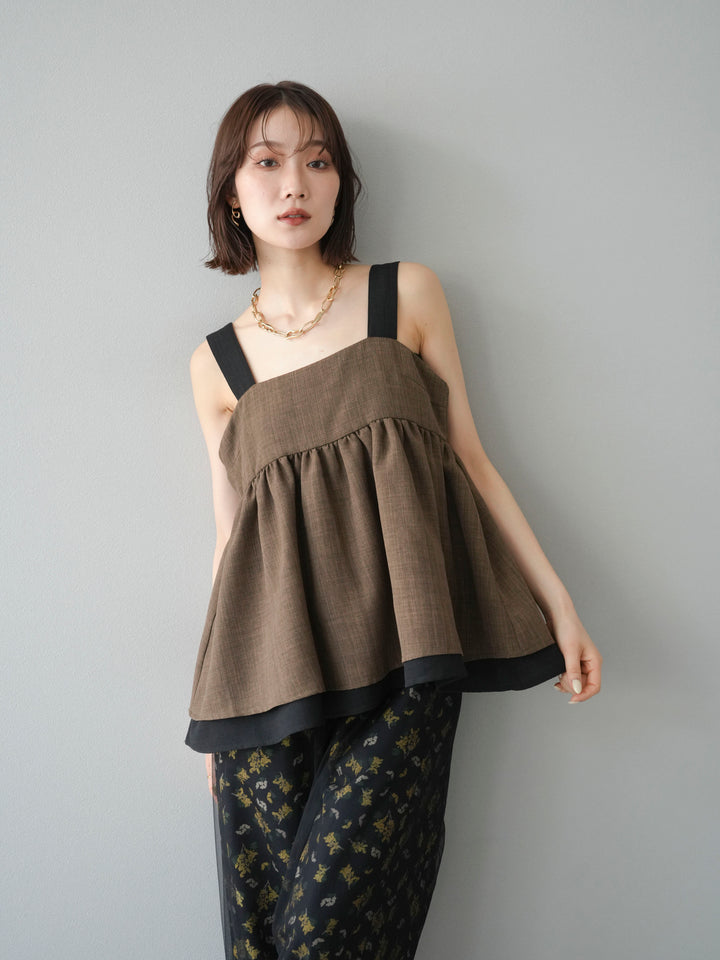 [SET]リネンライク配色フレアタンクトップ+コード刺繍チュールレイヤードパンツ+ブーケプリントタックパンツ(3set)