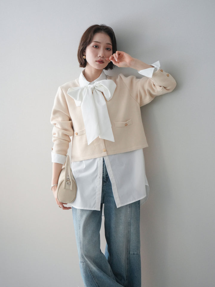 [SET]ゴールドボタンノーカラーニットジャケット+ボウタイ付オーバーシャツ(2set)