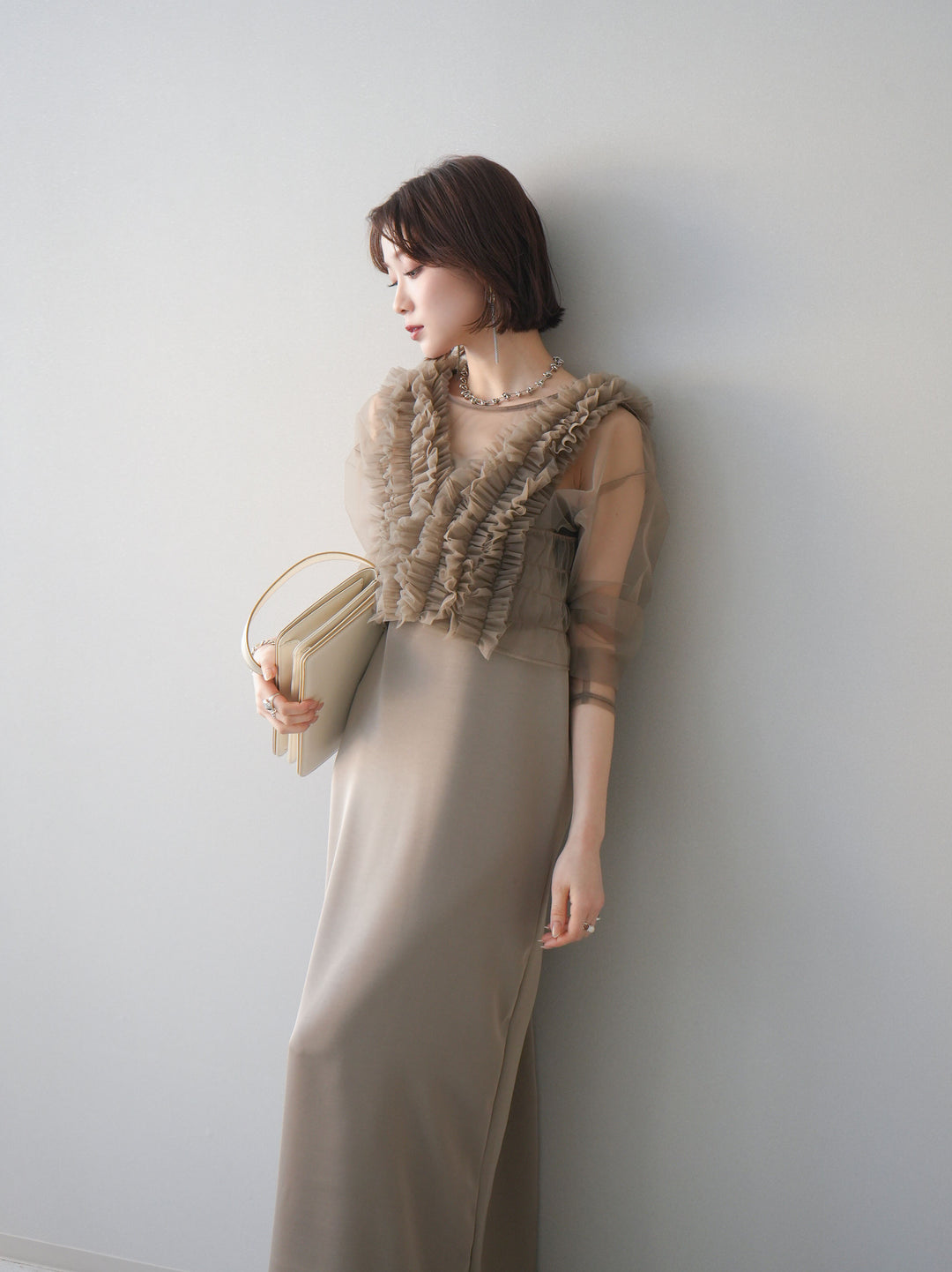 [予約]チュールフリルアンサンブルキャミソールドレス 3点SET/beige