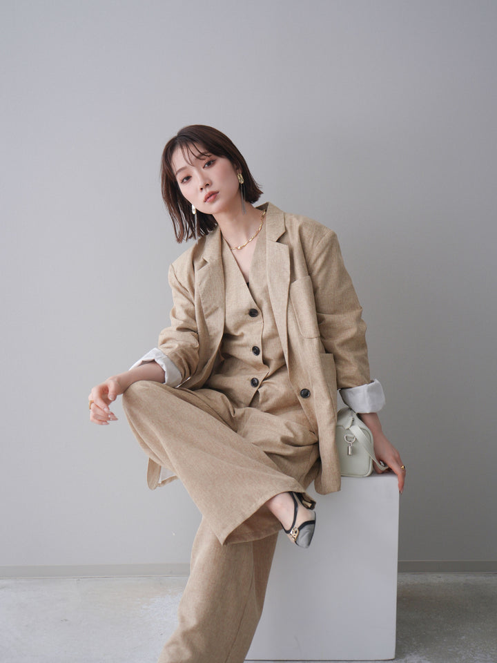 [SET]リネンライクテーラードジャケット+リネンライクバックオープンジレ+リネンライクタックワイドパンツ(3set)