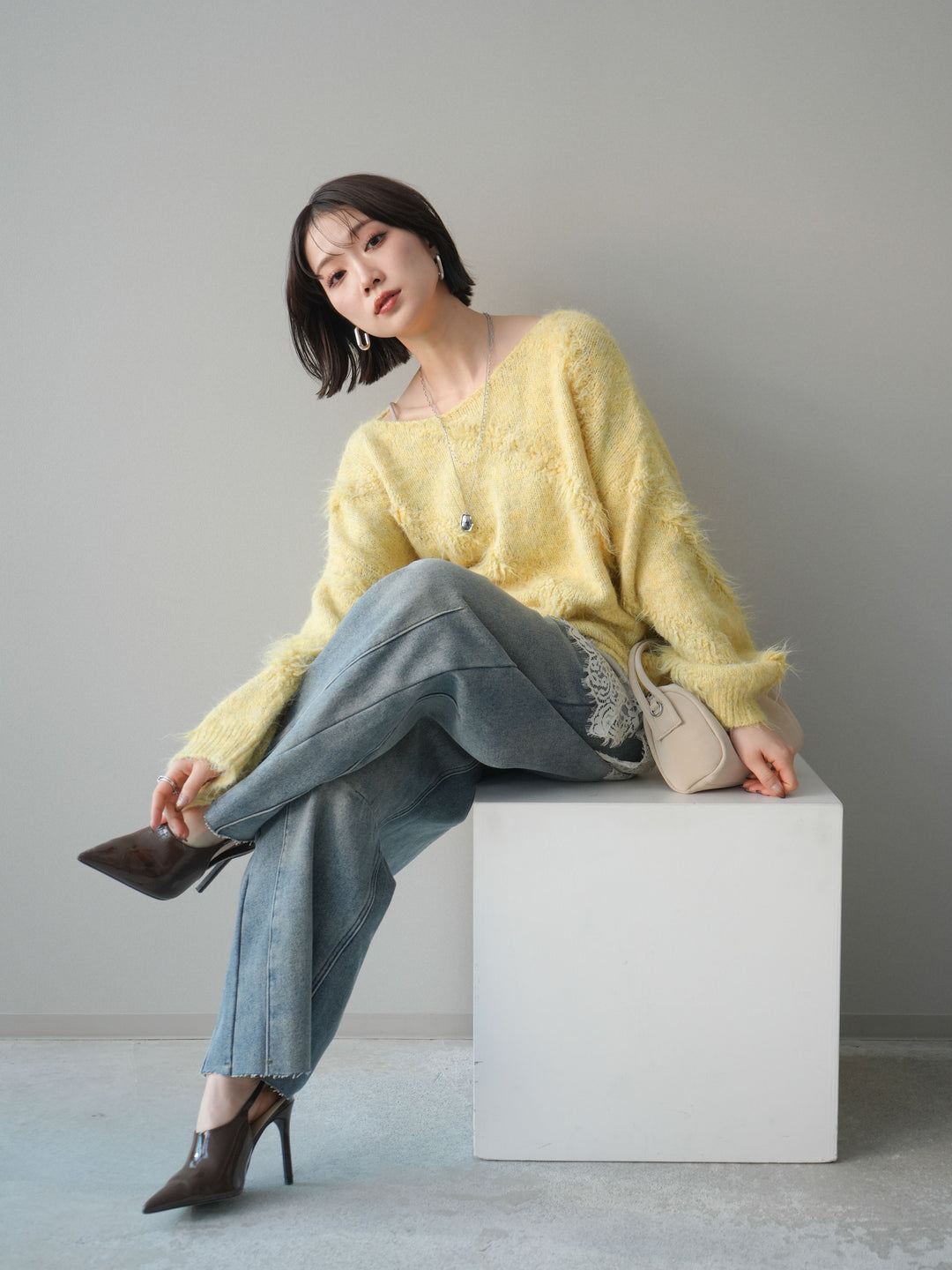 [予約]シャギーデザインニットプルオーバー/yellow