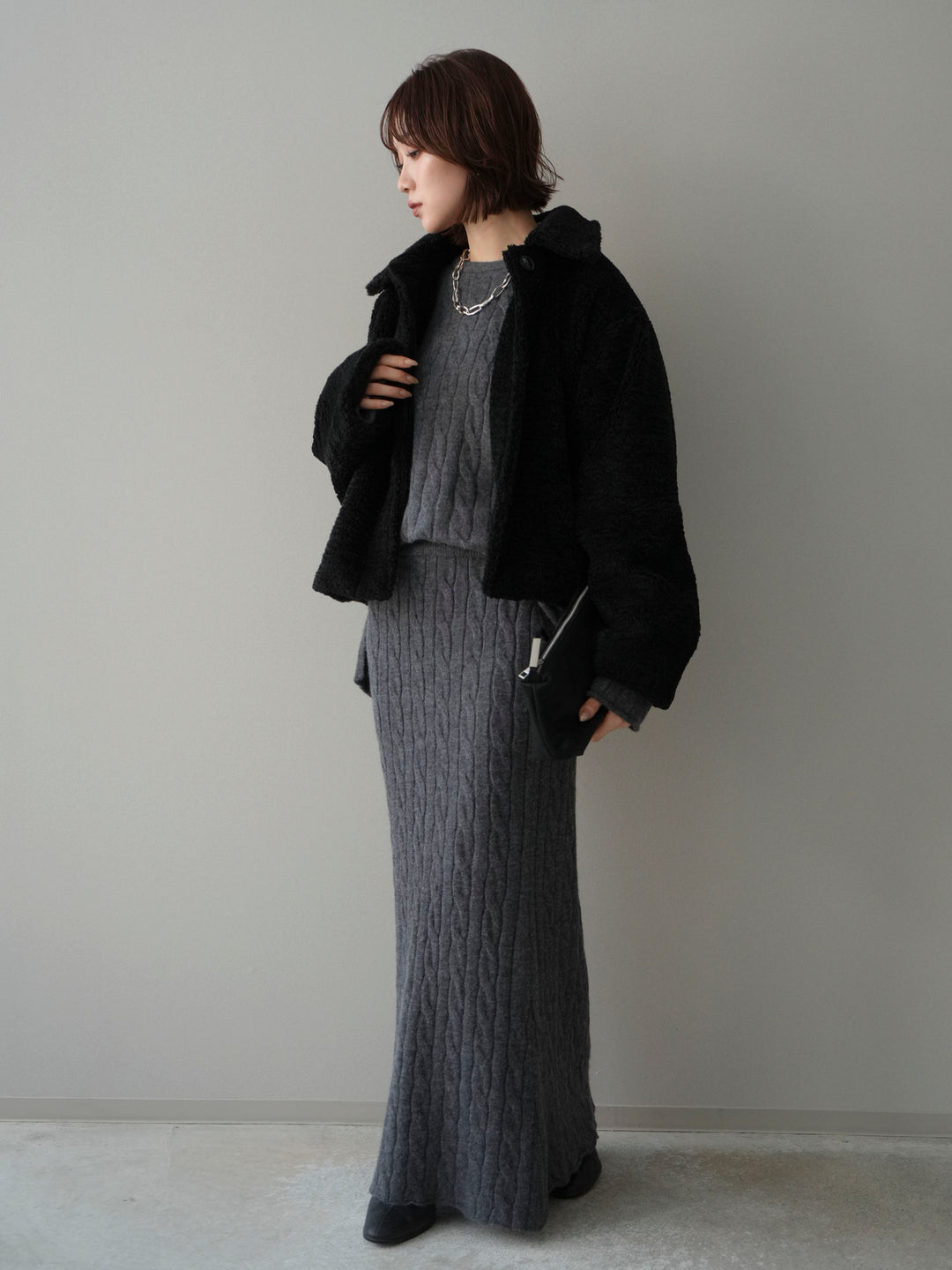 [SET]エコファーステンカラージャケット+ストール付ケーブルニットプルオーバー&ロングスカートSET UP(2set)
