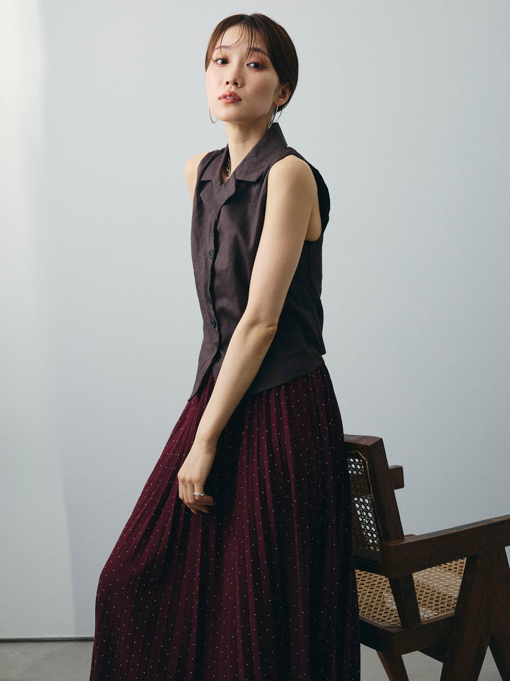 [SET]リネンライクテーラードジレ+ラインストーンプリーツスカート(2set)