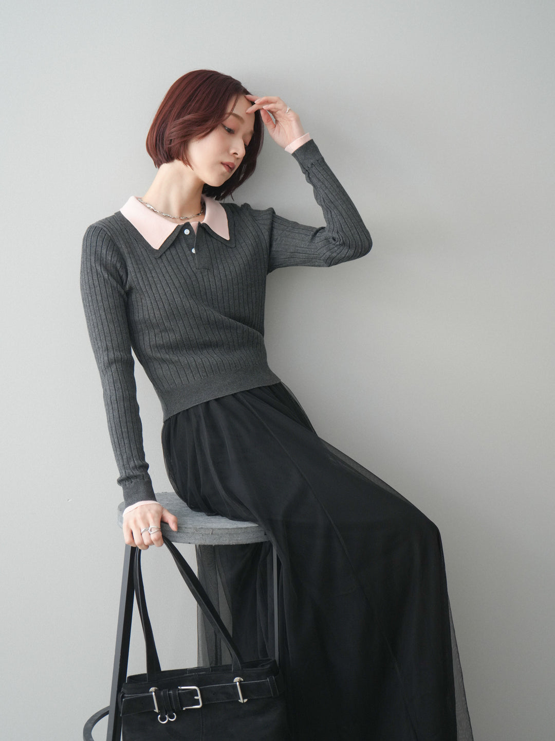 [SET]ダブル襟ポロリブニットトップス+チュールボリュームスカート(2set)