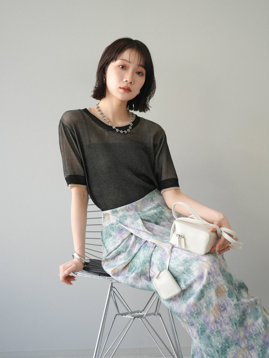 [SET]リネンタッチ配色二重臼ハーフニットトップス+選べるアソート柄スカートセット(2set)