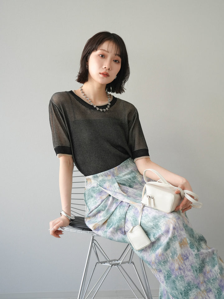 [SET]リネンタッチ配色二重臼ハーフニットトップス+選べるアソート柄スカートセット(2set)