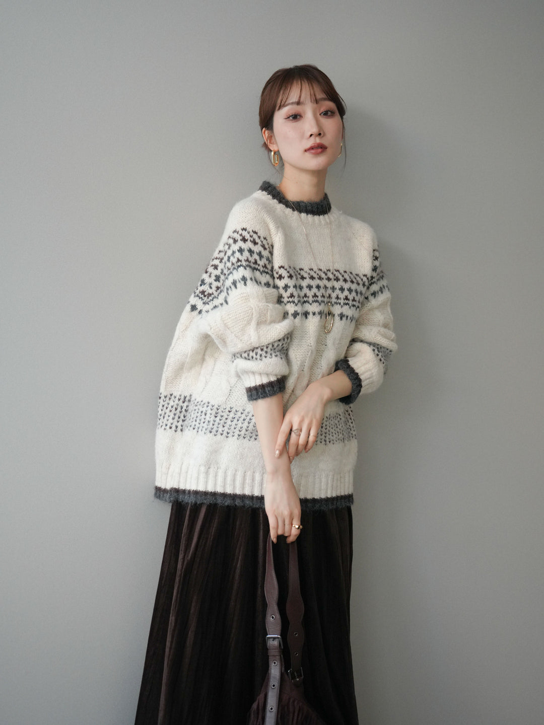 [予約]裾配色ノルディック柄ニットプルオーバー/White