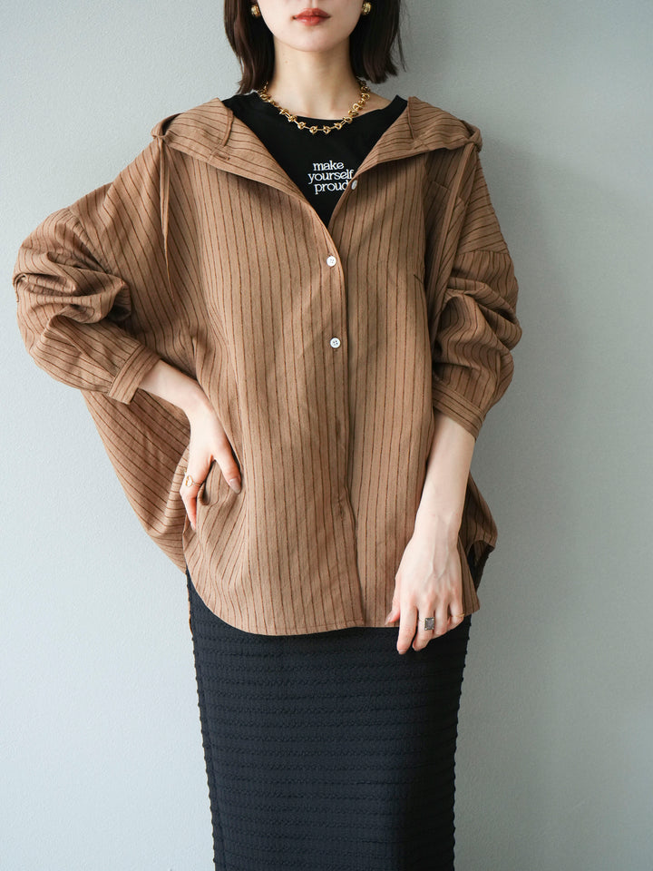 [予約]ワッシャーストライプフーディーシャツ/ブラウン