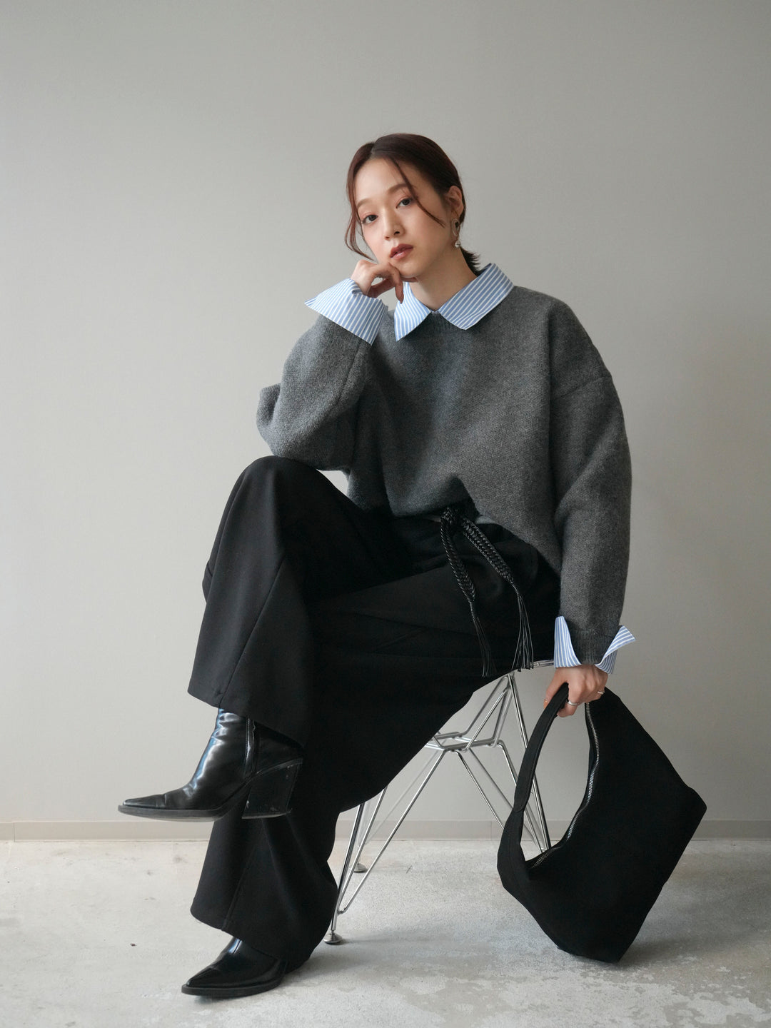 [予約]2WAYストライプ襟ニットプルオーバー/charcoal