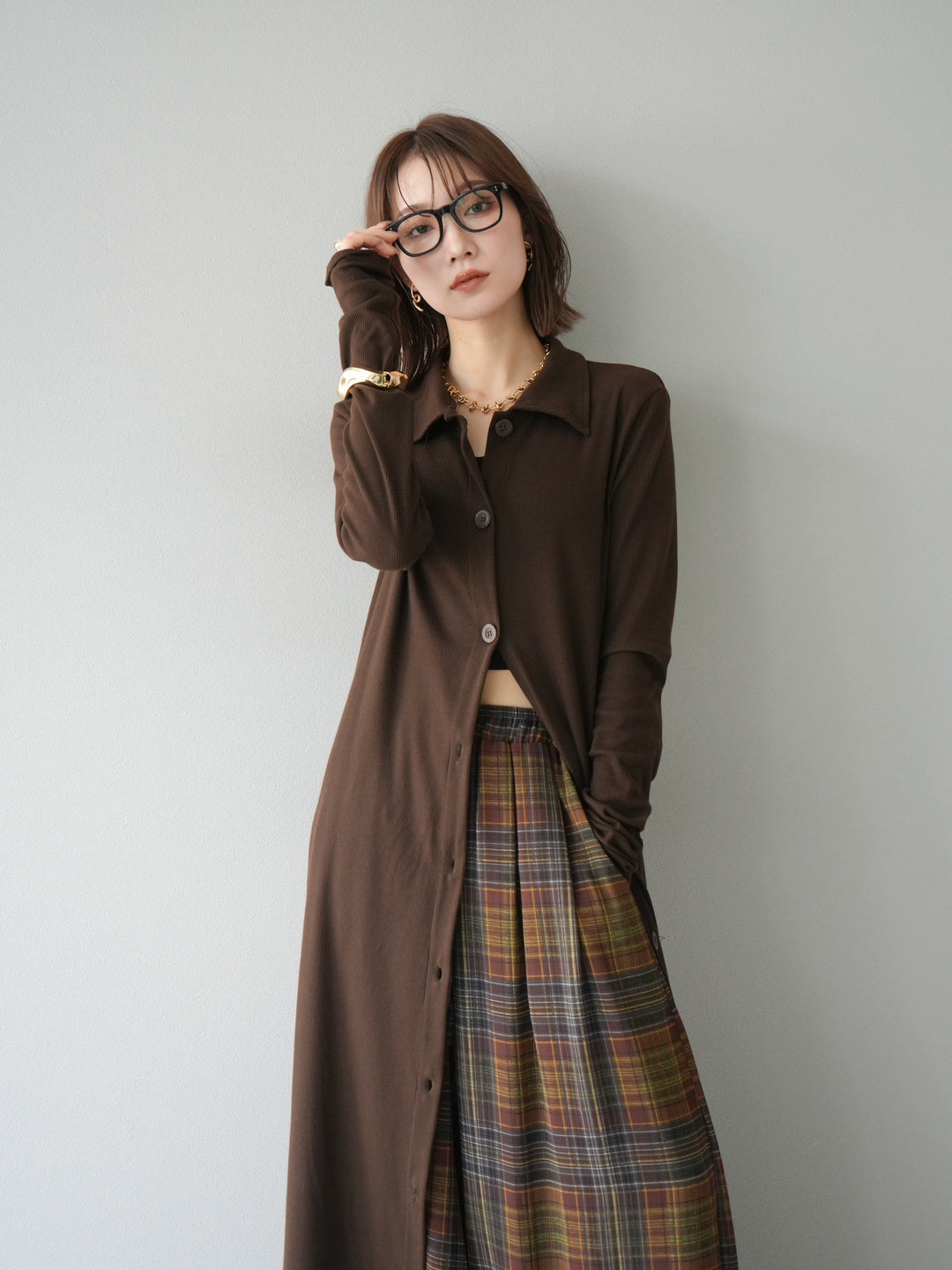 [予約]襟付きカットリブボタンワンピース/ブラウン