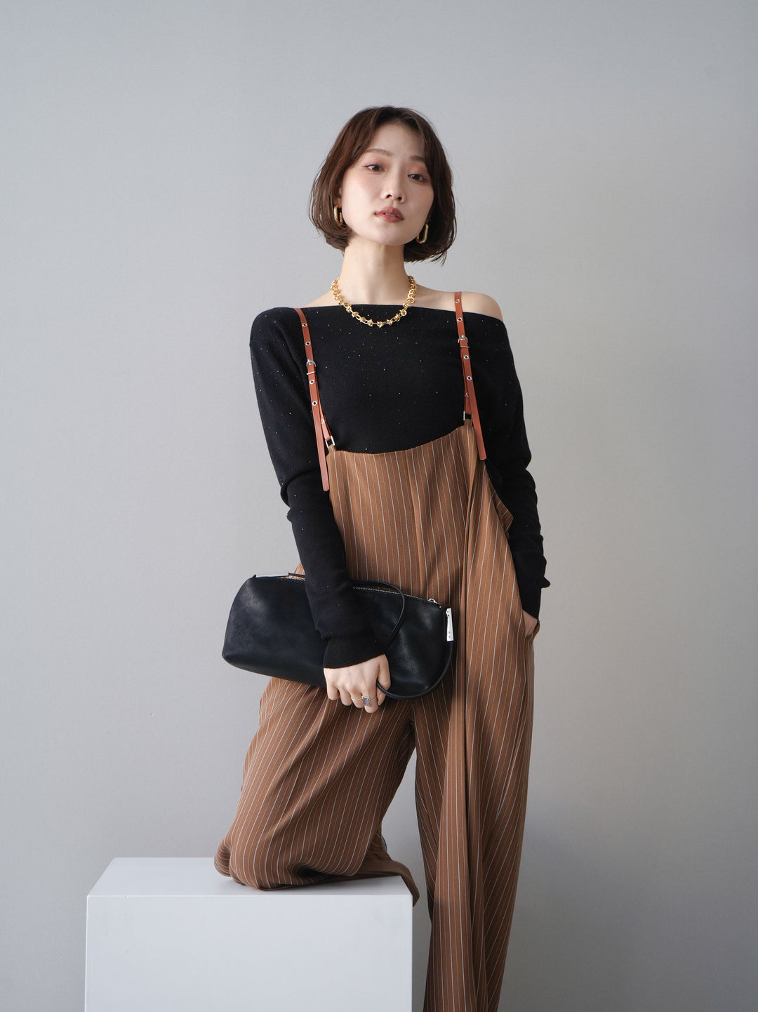 [予約]ヘリンボーンストライプサス付サロペット/goldbrown