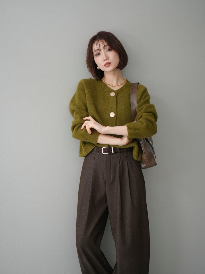 [SET]BIGボタンニットカーディガン+アニマル柄ベルト付きウールタッチワイドパンツ(2set)