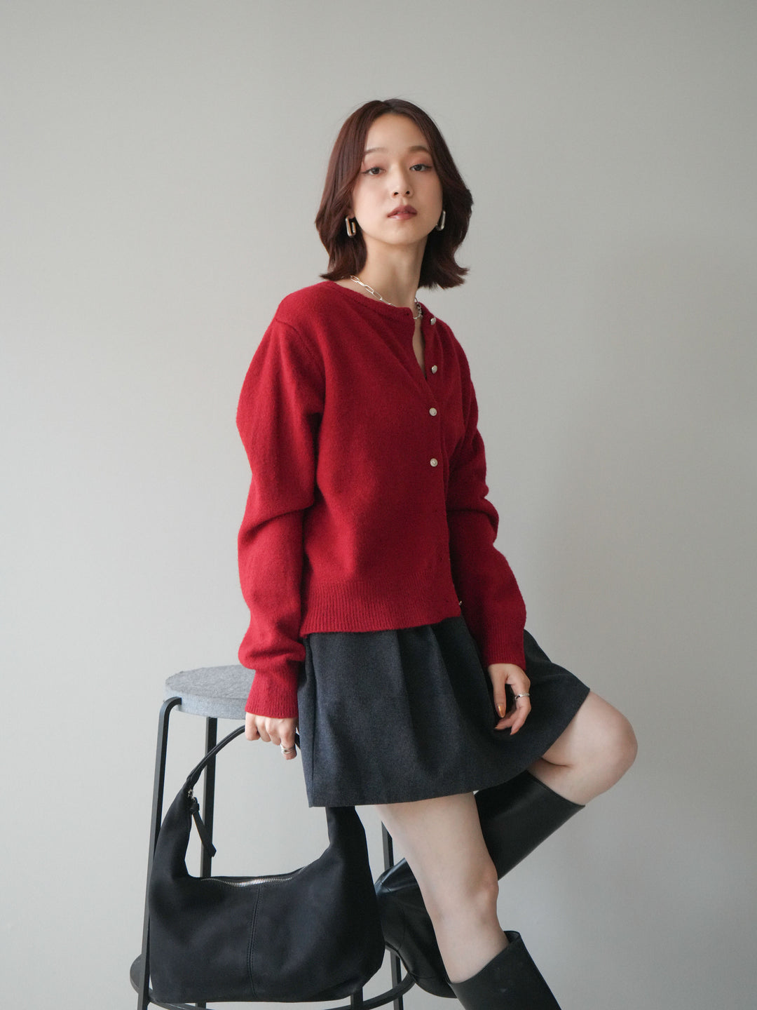 [SET]アンティークボタンニットカーディガン+ベルト付きタックミニスカート(2set)