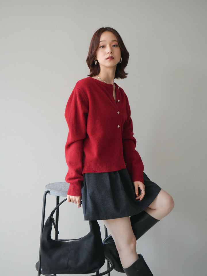 [SET]アンティークボタンニットカーディガン+ベルト付きタックミニスカート(2set)