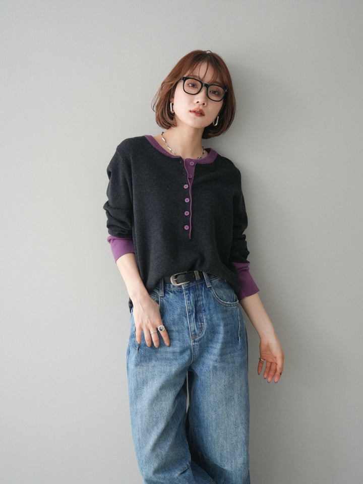 [SET]ヘンリーネック配色ニットソー+選べるアクセセット(2set)