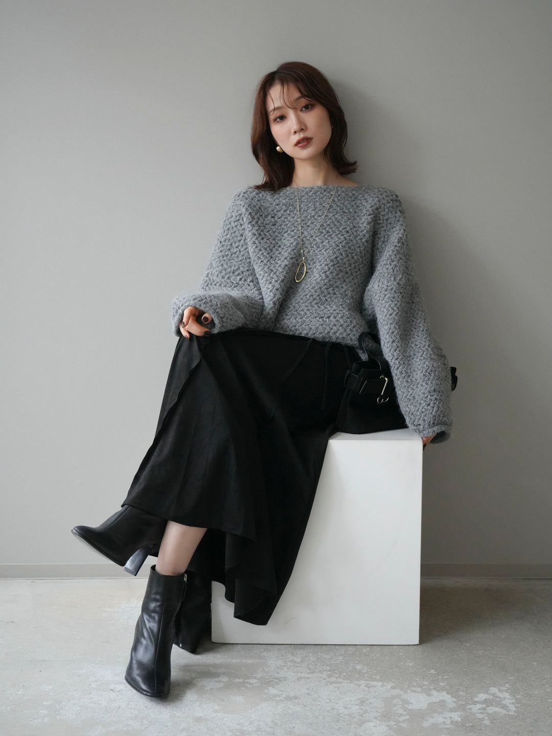 [予約]ワッフル編みオーバーニットプルオーバー/gray