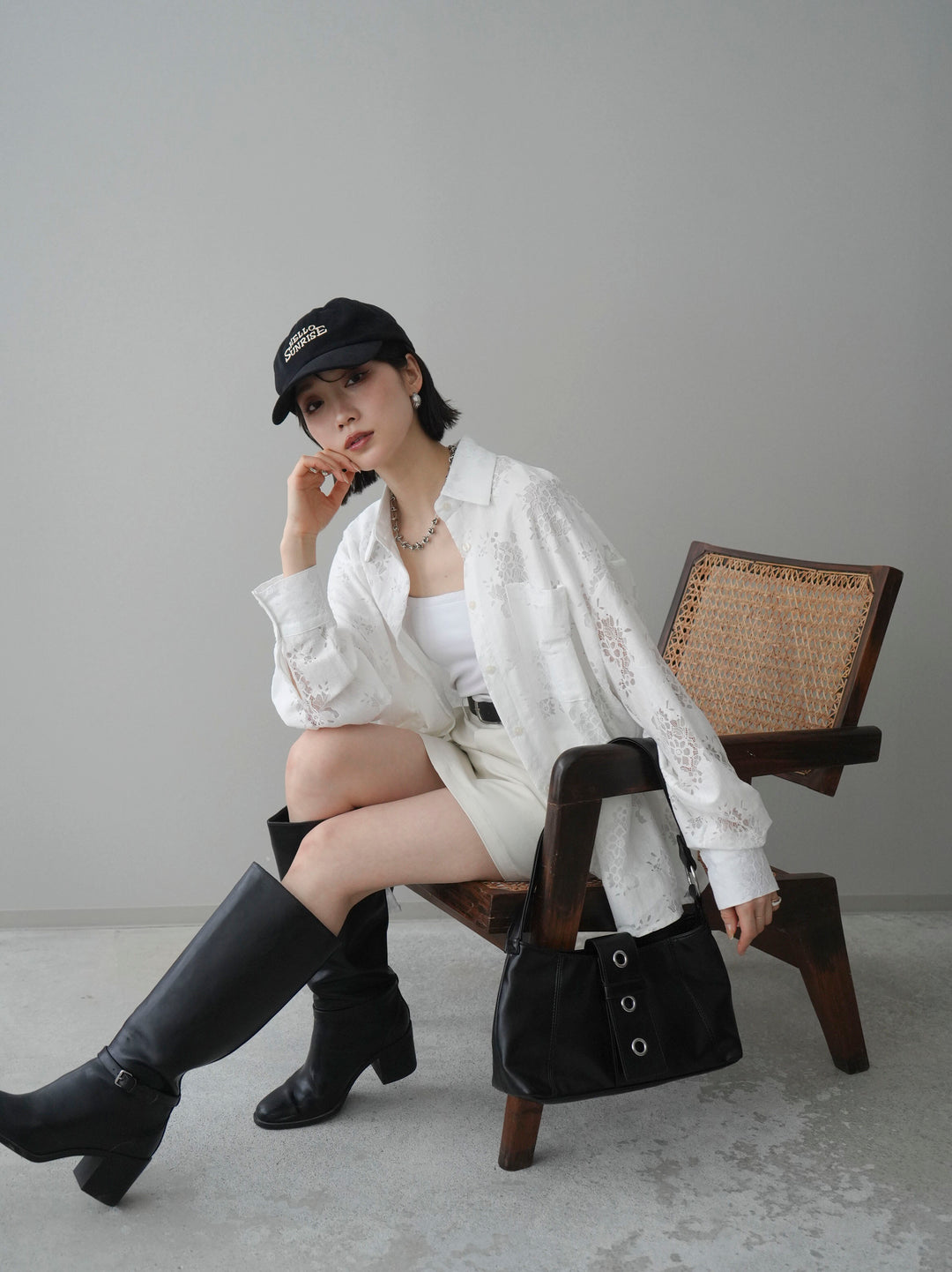 【套裝】提花蕾絲罩衫+繫帶工裝迷你裙（兩件套）