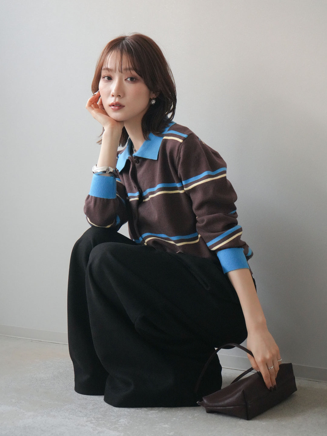 [予約]配色マルチボーダーポロニットカーディガン/brown