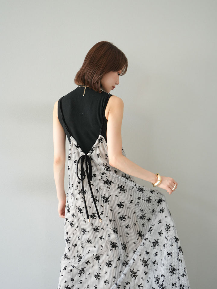 [SET]フロッキーチュールレイヤードベロアキャミワンピース+プチネックセンターシームノースリーニットトップス(2set)