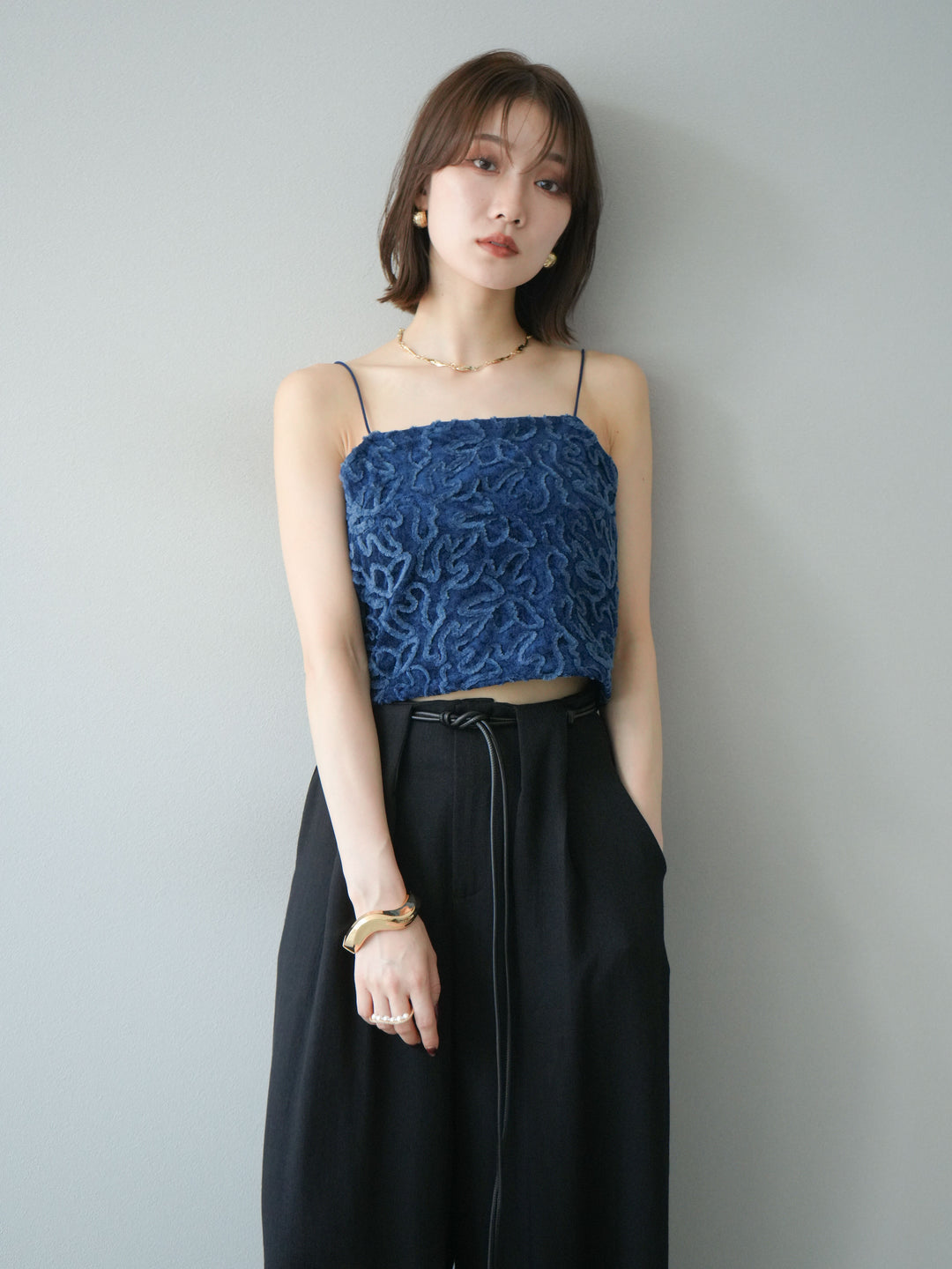 [予約]パイピングフラワーシアーベロアキャミソール/ネイビー