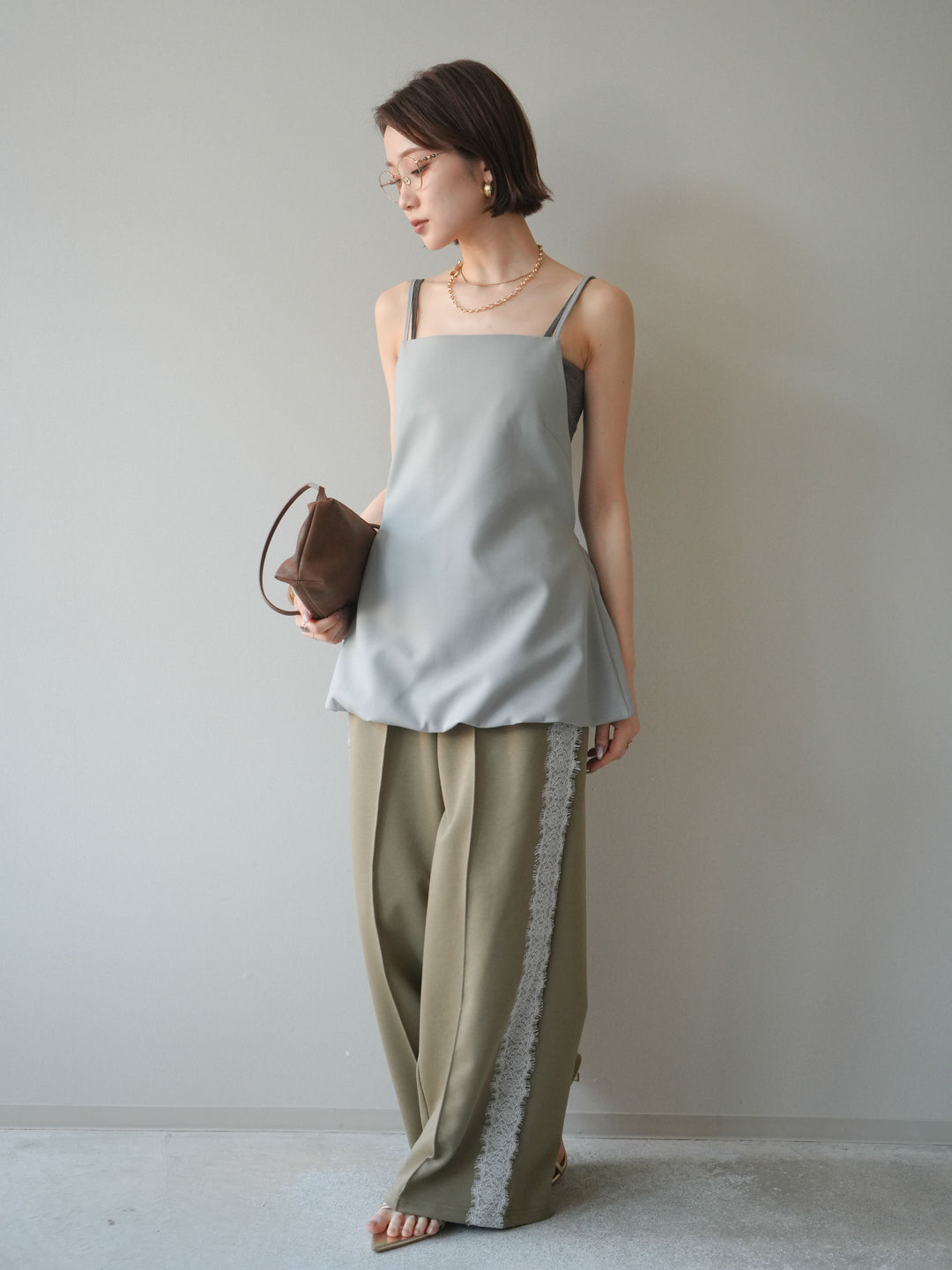 [SET]バックリボンバルーンチュニックキャミ+サイドレースポンチワイドパンツ(2set)