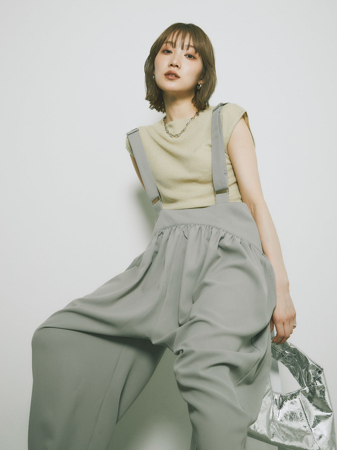 [予約]プチネックノースリーブリブニットトップス/ピスタチオ