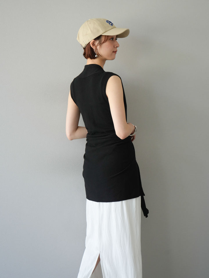 [SET]腰巻きデザインノースリーブニットカーディガン+ウェーブパイピングタイトスカート(2set)