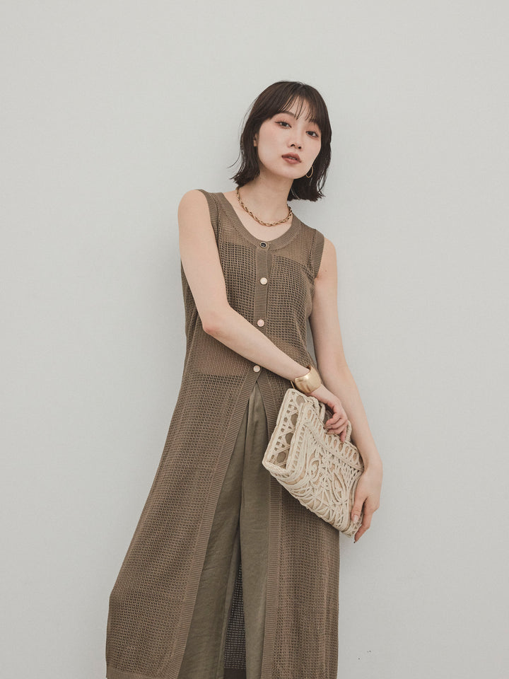 [SET]アソートボタンニットロングジレ+サテンイージーパンツ(2set)