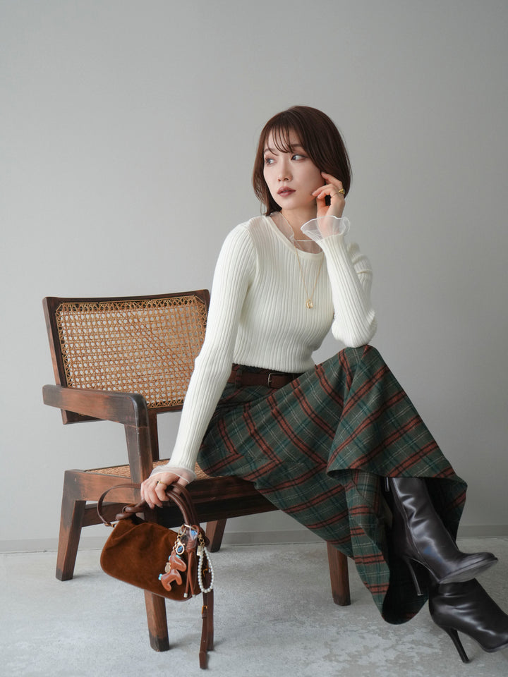 [SET]チュールドッキングリブニットトップス+ベルト付チェック柄ナロースカート(2set)