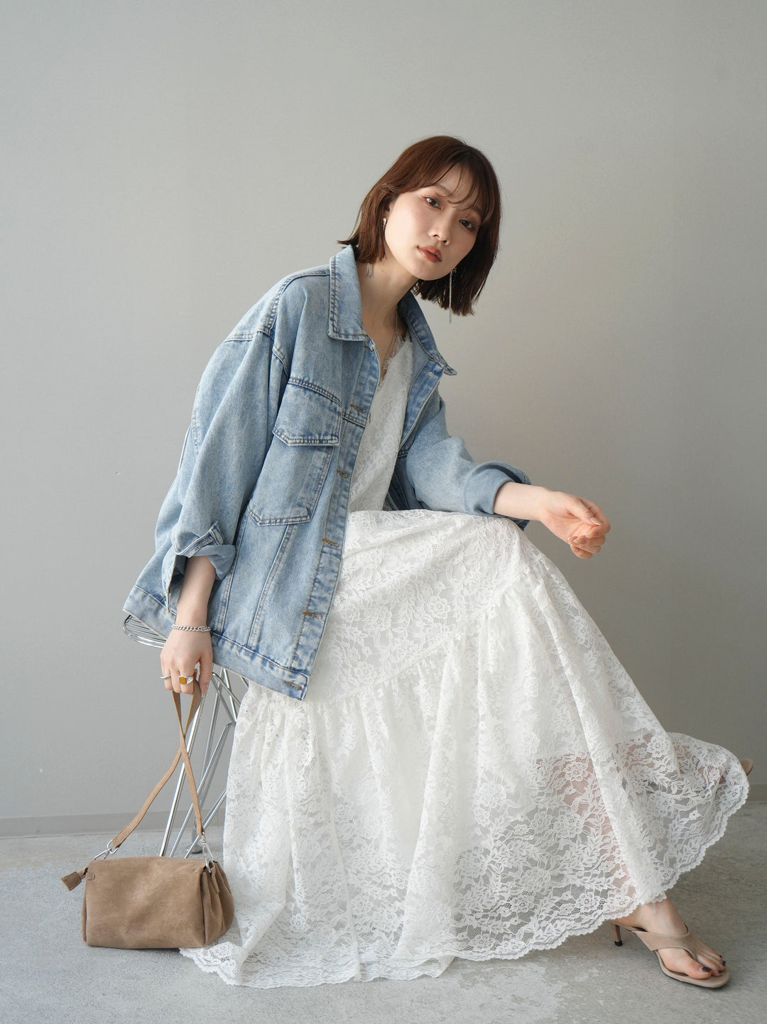 [予約]ギャザー切替レースキャミワンピース/white