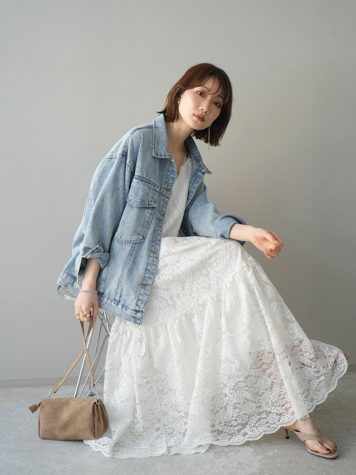 [予約]ギャザー切替レースキャミワンピース/white